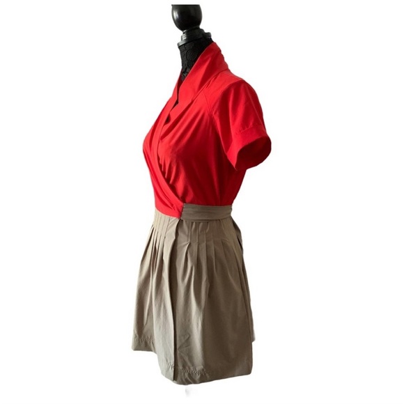 🍓Ark & Co True Wrap Dress Mini Red plunge top Khaki Pleated Skirt Size Small - Picture 2 of 9